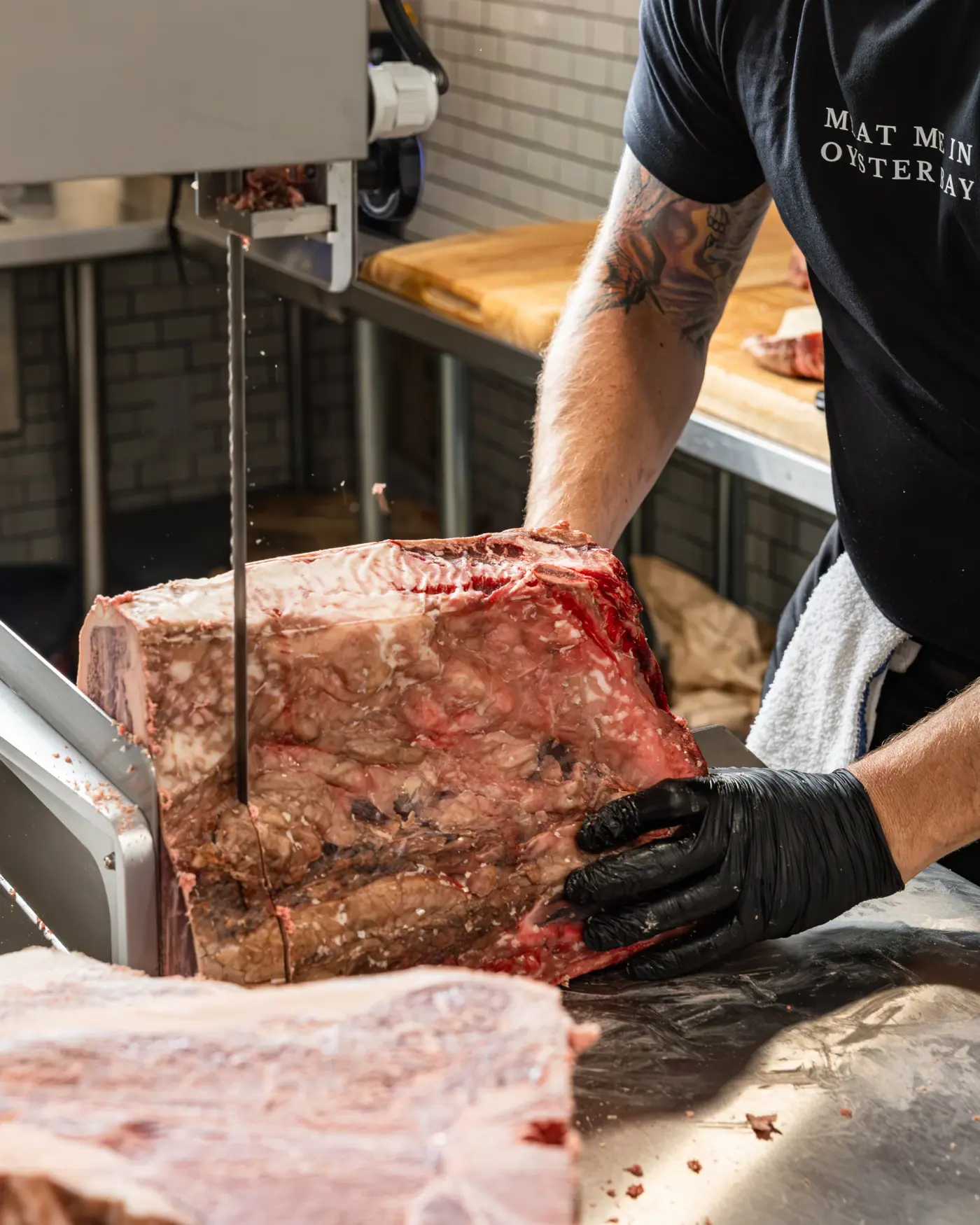Beef being cut on the band saw