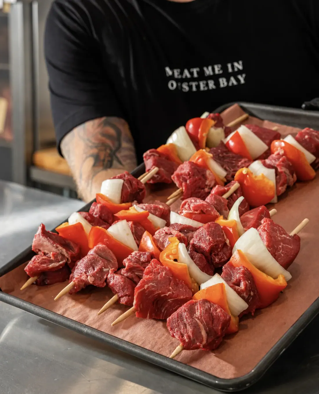 Filet mignon skewers with peppers and onion on a counter tray